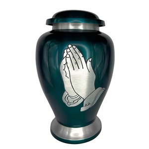Urne funéraire blanche de style américain pour cendres d'adultes avec motif mains en prière gravées, capacité de 200 pouces cubes, usage commémoratif - Product Image 1