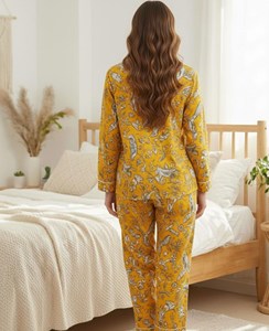 Pure Cotton Mustard Yellow Flock Print Summer Nightwear Set <b>Women</b> Comfortable Breathable Quick <b>Dry</b> Loungewear Sleepwear - Product Image 3