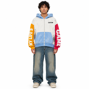 Custom Distressed Color Block Studded Full <b>Zip</b> Hoodie Heavyweight Cotton Printed Oversized Full <b>Zip</b> Hoodies Streetwear Factory - Product Image 3