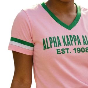 Camiseta de Jersey Rosa para Mujer, Estilo Boyfriend, Cuello en V, con Estampado de Letras Verdes, Mangas a Rayas, Informal, de Algodón Suave, para Uso Diario - Product Image 4