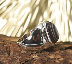 Bague en agate noire rayée naturelle : pierre précieuse ovale, argent sterling 925 - Product Image 3