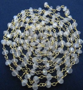 1 Foot-: Natural White Rainbow Moonstone Rondelle Faceted 3-4mm Beaded Wire Wrapped <b>Rosary</b> Chain - Product Image 3