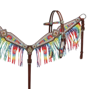 <b>Rainbow</b> Tie Dye Browband Headstall <b>Rainbow</b> Fringe Breast Collar and Reins Western Horse Tack Set Premium Handmade Genuine - Product Image 4