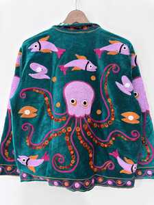 Veste en velours vintage colorée style marin avec motif pieuvre et broderie Suzani – Blazer d'hiver unique – Cadeau original - Product Image 2