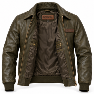 Chaqueta de Aviador A2 de Cuero Vacuno Auténtico para Hombre, Color Verde, Estilo Vintage, con Ribete Acanalado, Fabricación Personalizada, Venta al Por Mayor - Product Image 5
