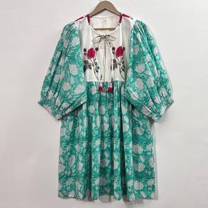 Vestido Midi Informal de Algodón Tejido para Mujer, Color Liso, Manga Corta, Cintura Imperio, Estilo Babydoll, Cuello en V, Holgado, para Todas las Temporadas - Product Image 1