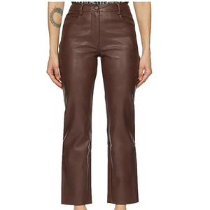 Pantalon d'hiver décontracté en cuir véritable pour femme, coupe large, taille mi-haute, devant plat, marron, avec détails en dentelle - Product Image 4
