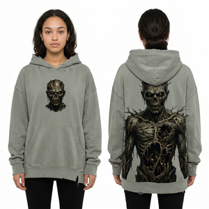 Sudadera con capucha premium color beige arena, con gráfico personalizado Noir Mystery, estilo pullover para mujer, streetwear desgastado, lavado ácido, estilo detective, proveedor. - Product Image 3