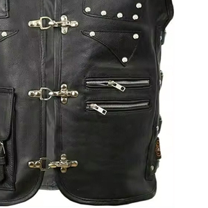 Chaleco de Cuero Genuino para Hombre, Estilo Motero, con Bolsillos y Remaches, Cierre de Tirantes, Hecho a Mano, Estilo Urbano Desgastado - Product Image 3