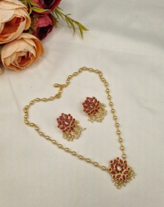 Designer <b>Pearl</b> Beaded Chain Necklace With Coordinating Earrings Floral Pendant Necklace <b>Set</b> Traditional Ethnic Partywear Jewelry - Product Image 2