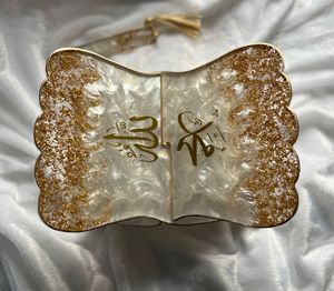 Premium Handmade Epoxy Resin Quran Stand With Rose Petals And Gold <b>Leaf</b> Religious Home Decoration Bookend Irregular Shape - Product Image 4