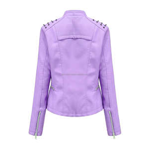 Vestes pour femmes en cuir de style motard décontracté violet clair avec épaules rondes cloutées coupe ajustée fermeture éclair et poches asymétriques - Product Image 2