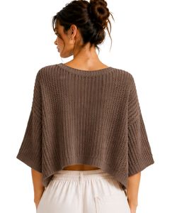 Pull court tricoté marron pour femme, coupe ample, manches courtes, léger et respirant, idéal pour l'été, style décontracté et tendance - Product Image 4