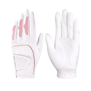 Gants de golf en cuir véritable blancs pour femmes avec accents roses, antidérapants, à enfiler, pour le golf - Product Image 1