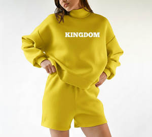 Ensembles d'hiver pour femmes grandes tailles, hauts à manches longues à col montant et shorts, respirants, motif uni, longueur genou - Product Image 4