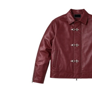 Chaqueta de Cuero Genuino Color Vino Tinto Borgoña Personalizada para Hombre, con Cierre Frontal de Hebilla Metálica y Cierre de Cremallera en los Puños, Estilo Casual - Product Image 4