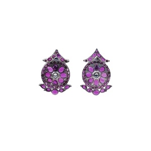 Ethnic Floral Motif Oxidised Sier <b>Girls</b> <b>Stud</b> <b>Earrings</b> with Cubic Zirconia Ruby Stone Gold Plated for Weddings Parties Wholesale - Product Image 1