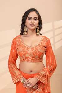 Sari brodé de créateur avec perles semi-émaillées – Ensemble prêt-à-porter avec chemisier entièrement cousu - Product Image 3