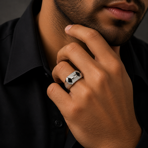 925 Sterling <b>Silver</b> Black Onyx and Cubic Zirconia Geometric Gemstone <b>Ring</b> for <b>Men</b> Wedding Party High Polish Finish - Product Image 1