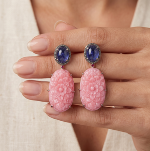 Flower Designs Natural Carving Tanzanite Rose Quartz <b>Diamond</b> Cute Sterling Silver <b>Dangle</b> <b>Earrings</b> for Women-Gift & Party Jewelry - Product Image 6