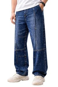 Jean décontracté pour homme en denim délavé foncé, coupe ample à jambe large, taille mi-haute, couleur unie, tissé 100% coton, écologique, hiver - Product Image 5