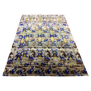 Handknotted Wool and Silk Abstract Tribal Totem Accent <b>Rug</b> Golden Taupe and Sapphire Low Pile Bedroom Carpet - Product Image 2