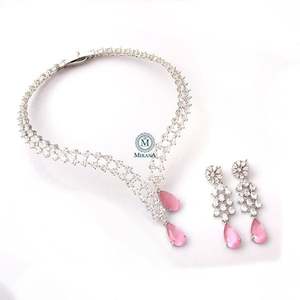 Christy Pastel Pink Designer Necklace and Earring Set in Gold Plate with Zircon - Product Image 3