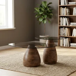 Modern Round Coffee <b>Table</b> With Tempered Glass Top And Wooden Base <b>Nesting</b> Design Living Room Furniture - Product Image 4