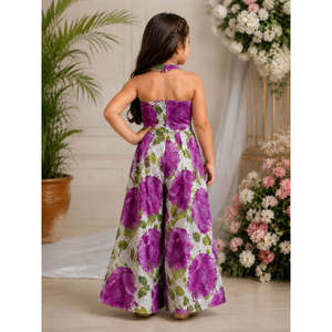 Ensemble Palazzo pour femmes en coton sans manches, col halter, avec volants et applications imprimées, blanc et violet, décontracté, été, style ethnique - Product Image 2