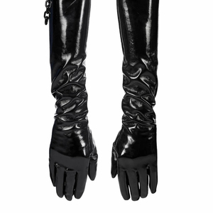 Black PU Opera-Length <b>Gloves</b> With Ruched Design Punk Style Unlined For Party Wear - Product Image 3