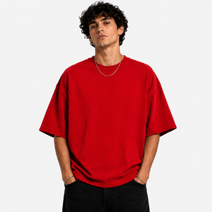 men solid color plain <b>oversized</b> t <b>shirt</b> bright <b>red</b> heavy cotton streetwear drop shoulder loose boxy cut crewneck tee bulk direct - Product Image 1