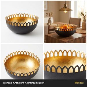Bol décoratif artisanal en aluminium de 28 cm, finition or antique, bord arqué, style Mehrab, pour la décoration intérieure originale des hôtels et mariages - Product Image 5