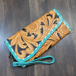 Pochette pour femme en cuir artisanal à motifs floraux, porte-monnaie et porte-cartes élégant de haute qualité, portefeuille long, sac de soirée - Product Image 4