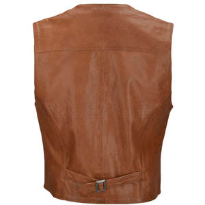<b>Men's</b> Brown Genuine Leather Vest Casual Collarless With Pockets <b>Belt</b> Closure Outerwear Autumn Style - Product Image 3