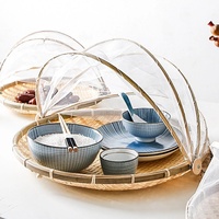 Eco Producten Geweven Bamboe Voedsel Opslag Mand Ronde Met Cover Tent Fruit Brood Dienblad Vouwen Set Met Deksel Decoratieve