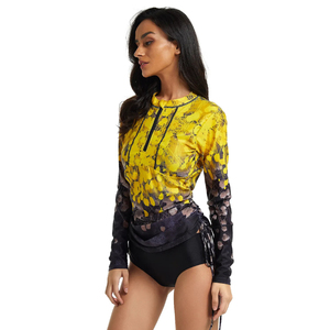 Camiseta Deportiva de Manga Larga para Mujer, Protección UV, Estampado Amarillo y Negro, Spandex y Poliéster, Top de Natación, Manga Completa, Superventas 2026 - Product Image 4