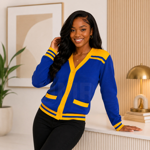 HMR Cardigan en tricot pour femmes en acrylique bleu et jaune, style preppy, col en V, manches longues, avec poches - Product Image 5