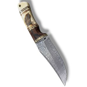 Couteaux de chasse d'extérieur faits à la main avec lame à motif Damas et poignée décorative en os avec protège-doigts pour le camping et la randonnée - Product Image 2