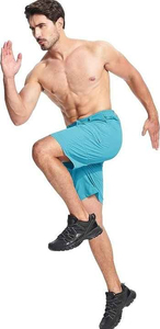 Shorts cargo bleus unis pour hommes, taille mi-haute élastique, séchage rapide, décontractés, longueur Bermuda, avec poches arrière et latérales - Product Image 4