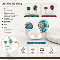 Bague ajustable en laiton plaqué argent 18 carats avec pierre précieuse turquoise en cuivre sertie clos, bande ouverte ovale, tendance, unique, pour femmes