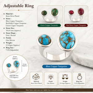 18k Silver Plated Brass <b>Adjustable</b> <b>Ring</b> Copper Turquoise Gemstone Bezel Setting Oval Open Band Trendy Unique Women Fashion <b>Rings</b> - Product Image 1