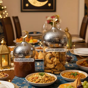 โถแก้วเก็บของหรูหราขายดีประจำปี 2026 งานแฮนด์เมด ดีไซน์สวยงาม สำหรับตกแต่งโต๊ะในเดือนรอมฎอน พร้อมฝาปิดทรงมินาเรตและเหยือกสำหรับเทศกาลอีด - Product Image 1