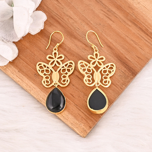 Boucles d'oreilles papillon en onyx noir naturel, plaquées or, faites à la main, serties de pierres, bijoux pour femmes - Product Image 5