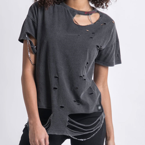 Camiseta de algodón grueso para mujer, con efecto desgastado, estampado personalizado, corte regular, negra, estilo vintage, lavado ácido, OEM - Product Image 5