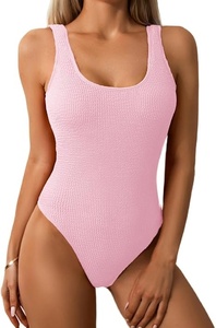 Limeeke Women One Piece <b>Swimsuit</b> Print Solid Ribbed Knitted Scoop Neck <b>Low</b> <b>Back</b> Spandex/Polyester Quick Dry Front Logo - Product Image 3