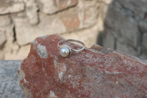 Minimalist Pearl <b>Ring</b> Silver Plated Brass Dainty Round Pearl <b>Thin</b> Band Elegant Handmade Jewelry for Women Gift - Product Image 4