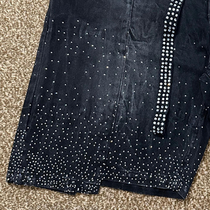<b>Men's</b> Streetwear Denim Shorts Elastic Waist High Woven Solid Distressed Embroidery Patch Rhinestone Detail <b>Flared</b> Summer Style - Product Image 5