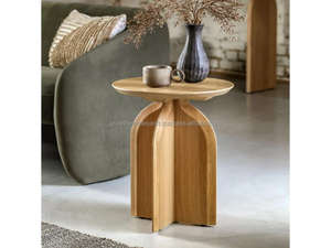 Mesa Auxiliar de Madera Estilo Nórdico, Base Arqueada, Mesa de Diseño Contemporánea, Mesa Decorativa de Madera Sólida, Mesa Auxiliar Redonda Estilo Japandi - Product Image 6