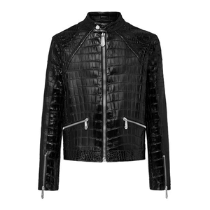Blouson moto en cuir PU noir pour homme, col montant, motif crocodile embossé, fermeture éclair, coupe ajustée, style automne - Product Image 1
