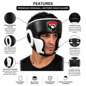 Protège-tête de boxe international Dumela en cuir de vachette respirant noir et blanc avec fermeture auto-agrippante unisexe pour l'entraînement et la protection de haute performance - Product Image 6